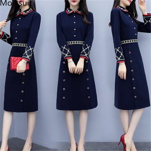 2020 Autumn Blue Elegant Embroidered Dress Women Plus Size Long Sleeve Ol Style Vintage Party A-line Dresses Vestidos Mujer
