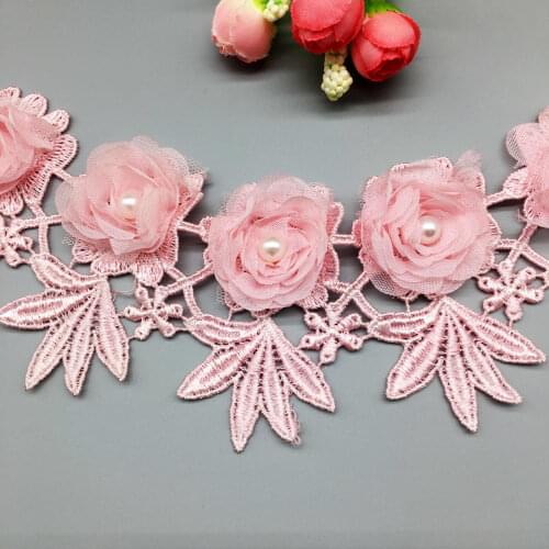 1 yard Pink Pearl 3D Flower Beaded Embroidered Handmade Lace Trim Ribbon Applique Patches Fabric Sewing Craft Wedding Dress