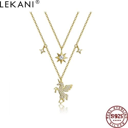 LEKANI 925 Sterling Silver Women Necklace Gold Plated Unicorn Pendant Multi Layer Chain Necklaces New Arrival Fine Jewelry Gift