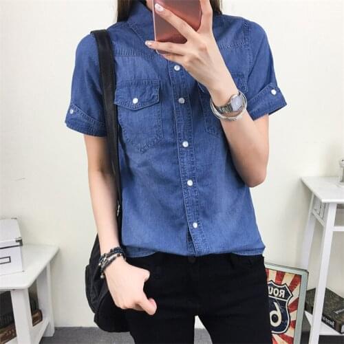 LKGHULO Fashion Plus Size 3XL Denim Shirt Women Short Sleeve Turn-Down Collar Blouse Jeans Female Cowboy Shirts Femme A54