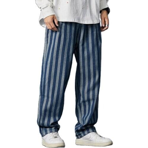 Spring Striped Jeans Mens Ins Trend Loose Straight Pants Nostalgic Letter Youth Blue Casual Fashion All-Match Wide Leg Trousers