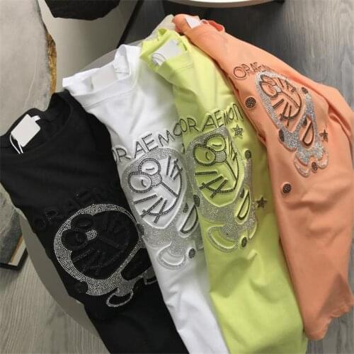 Short-sleeved T-shirt Female Ins Tide Summer Loose Heavy Industry Hot Drilling Cartoon Age-reducing Half-sleeved Clothes