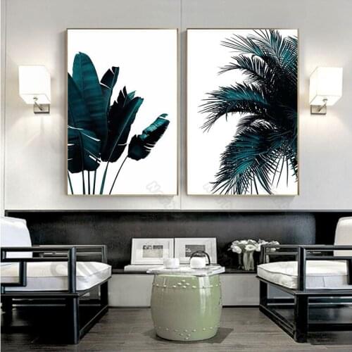 Tropical Plants Canvas Painting and Posters Abstract Botanical Pictures Deep Blue Banana Palm Tree Leave for Home Rooms Decorati