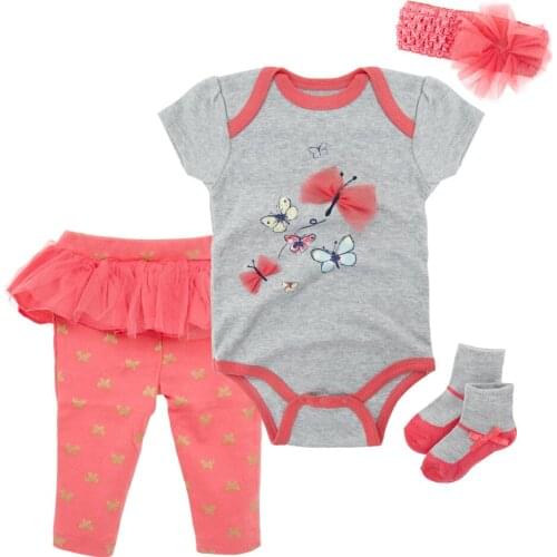 Honeyzone Baby Girl Clothes Infant Cute 4Pcs/Set Bodysuits Newborn Girl Headband Shoes Toddler Long Pants Roupas De Bebe Menina