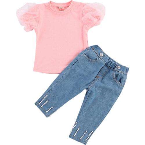1-6Y Fashion Kids Girls Clothes Sets Lace Puff Sleeve Solid Pullover T Shirts Tops Pearl Blue Denim Pants
