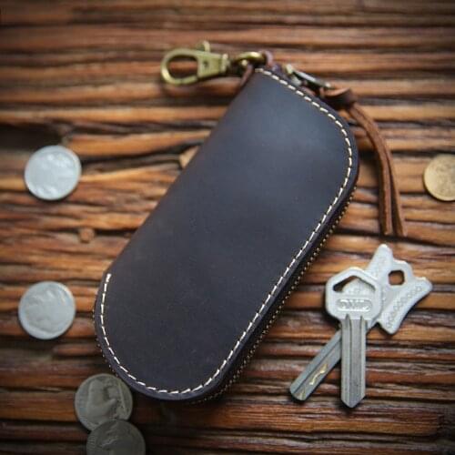 Genuine Leather Key Wallet Holder For Men Male Vintage Cowhide Handmade Short Zipper Small Key Bag Case Organizer Housekeeper