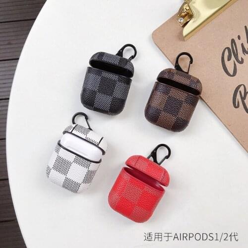 Grid Pattern Leather Protective With Hook for Apple Airpods 1/2