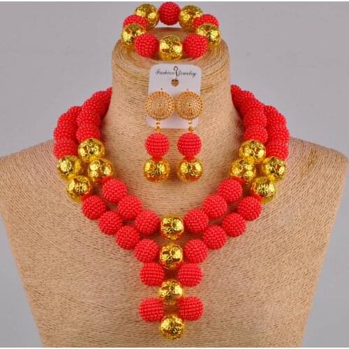 Red simulated pearl necklace african wedding beads nigerian jewelry set for women FZZ16