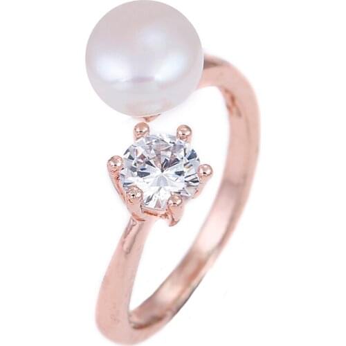 Lureme Womens Rose Gold Color Freshwater Pearl with Cubic Zirconia Adjustable Open Ring for Girls Jewelry Wholesale (rg001817)