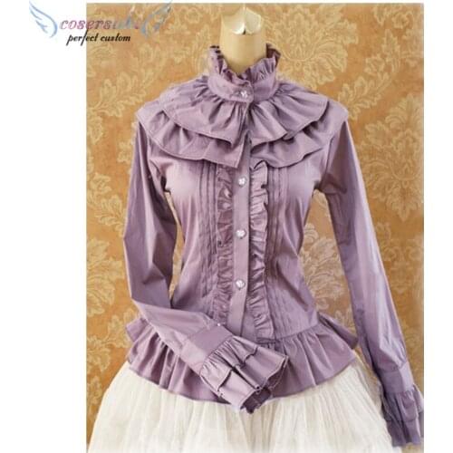 Sweet Cotton Lolita Blouse Long Sleeves Ruffles Stand Collar /Elegant Gray Cotton Long Sleeves Lolita Shirt