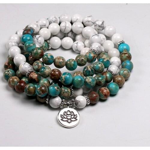 Fashion 108 Mala Bracelets Natural Howlite Stone Wrap Bracelet For Women and Men With Lotus Charm 8MM