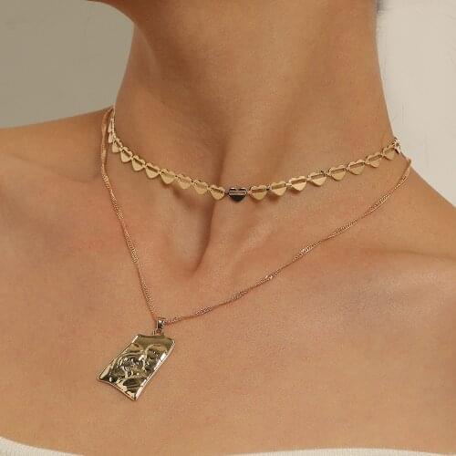Fashion Double Geometric Couples Pendant Chain Necklace Women Creative Personality Heart Short Choker Necklace Jewelry