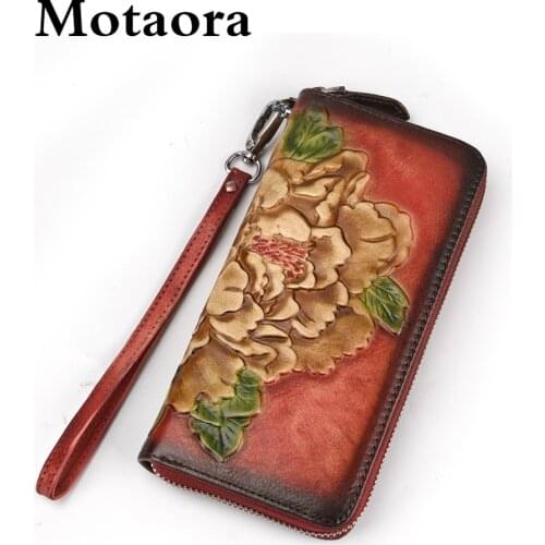 MOTAORA Women Wallet 2021 New Vintage Handmade Purse For Female Genuine Leather Floral Clutch Retro Embossed Card Holder Ladies