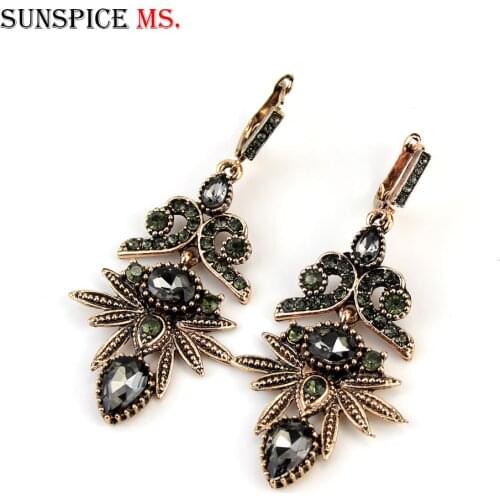 Sunspicems Vintage Turkish Gray Crystal Drop Earring for Women Retro Gold Color Bohemia Wedding Party Jewelry Christmas Gift