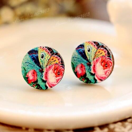 Unique 3D Butterfly Embossed 16mm Round Coloured Drawing pattern Laser Cut wood Cabochon DIY for Rings, Earring,Brooch,Necklace