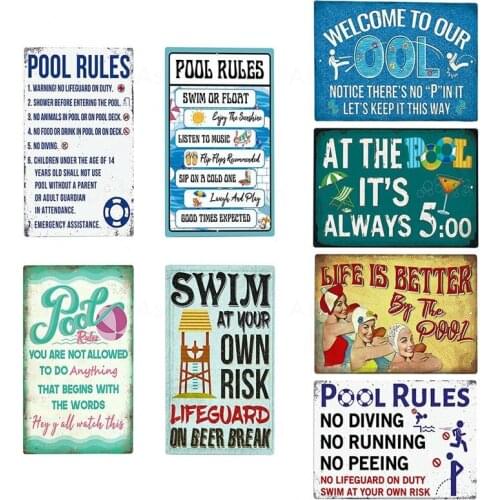 Vintage Funny Pool Rule Sign Swimming Pool Signage Metal Pool Sign for Pool Metal Sign Wall Art Room Decoration Retro Plaque