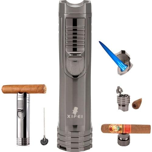 XIFEI Windproof Cigar Lighter With Puncher Holder Needle Metal Portable 3 Jet Flame Multifunction Refillable Smoking Accessories