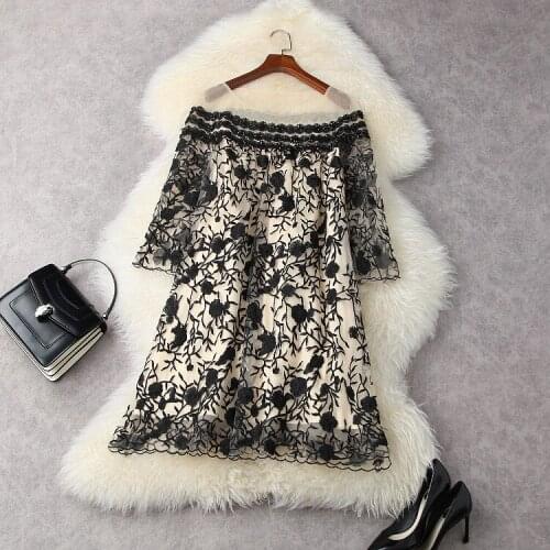 European and American womens clothing spring 2021 new Seven-point sleeve nail beads Fashionable black mesh embroidered dress