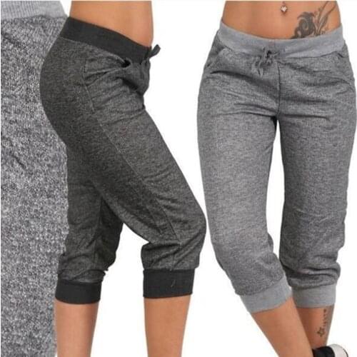 Women Joggers 3/4 Pants Casual Elastic Waist Sport Women Fitness Pants Capri Hose Strass Dance Paisley Drawstring Female Trouser