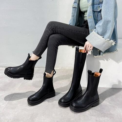 Women Leather Boots High Autumn Chunky Boots 2021 Black Over Ankle Boots Female Spring Chelsea Woman Shoes Platform Knee Boots