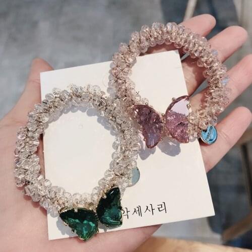 Women Handmade Beaded Pearl Butterfly Hair Ties Girl Korean Crystal Rubber Bands