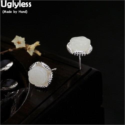 Uglyless 100% Real Solid 925 Silver Stud Earrings for Women Natural White Jade Lotus Studs Handmade Elegant Lady Fine Jewelry