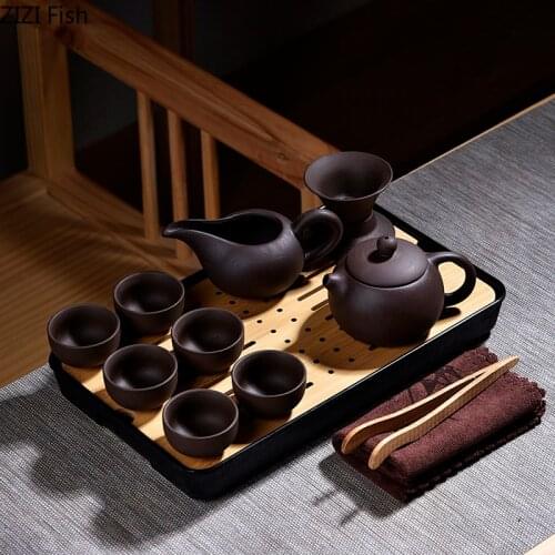 Zisha Kung Fu Tea Set Ceramics Teapot and Teacup Suit with Bamboo Tray Make Teapot Chinese Style Multi-person Household Tea Set