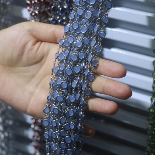 1M Copper Wholesale Gem stone Chain Faceted Clear Blue Crystal Quartz Glass Wrapped Plated Brass Links Flat Beads Findings