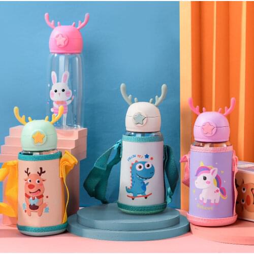 500ml Baby Kids Lovely Cup Toddler Infant Cartoon Deer Children Learn Drinking Straw Bottle With Insulated Bag Newborn Sippy Cup