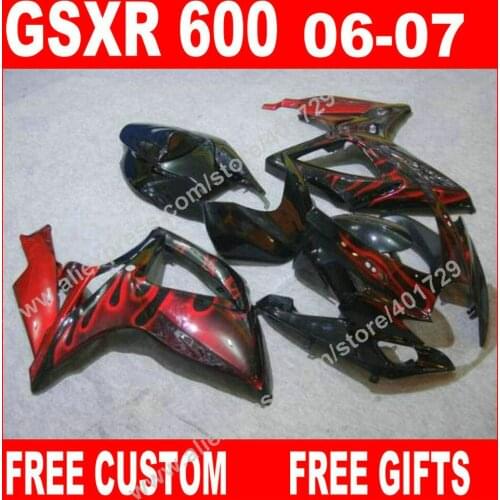 Free custom Fairings for 2006 2007 black red flames EMS free SUZUKI 7 gift GSXR 600 750 K6 BACARDI GSXR600 GSXR750 set KN83