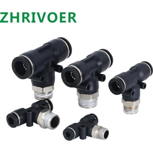 Black Air Connector Fitting T Shape Tee 1/8" 1/4" M5 3/8" 1/2" BSP Male Thread Pneumatic Coupler 12mm - 4mm Hose Pipe to