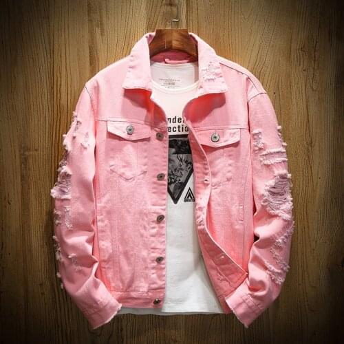 Denim Jacket Men Ripped Holes Mens Pink Jean Jackets New Garment Washed Mens Denim Coat Designer Clothes
