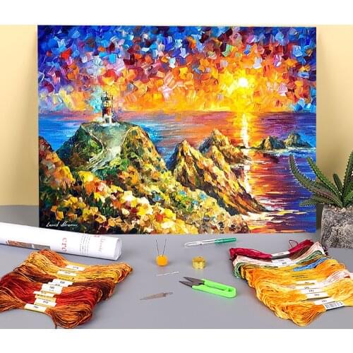 Oil Painting Style Far Hills Printed 11CT Cross Stitch Embroidery Set DMC Threads Sewing Hobby Knitting Needlework Counted