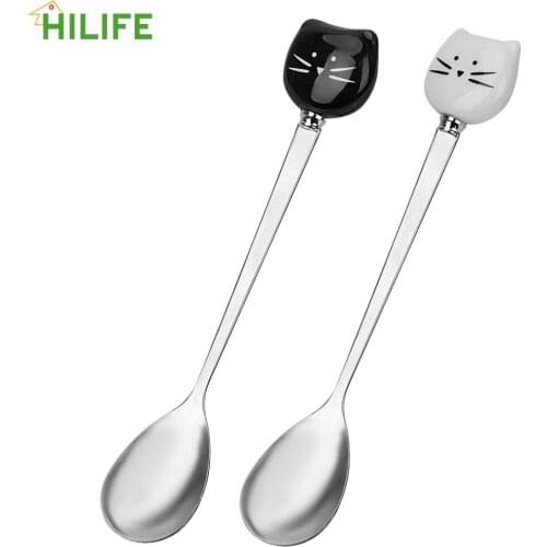 Cat Ceramic Spoon Ice Cream Cartoon Spoon Flatware Stainless Steel Coffee Spoon Kitchen Tool