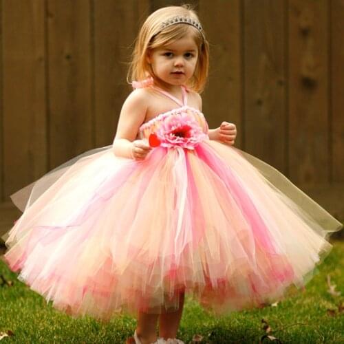 Lovely Girls Flower Tutu Dress Kids Fluffy Tulle Strap Dress Ball Gown with Ribbon Bow Children Wedding Party Tutu Custom Dress