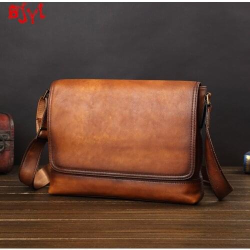Genuine Leather Mens Handbag Vintage Leather Cross-body Bag Business Briefcase Casual Shoulder Bag Computer Bag Soft Men Retro