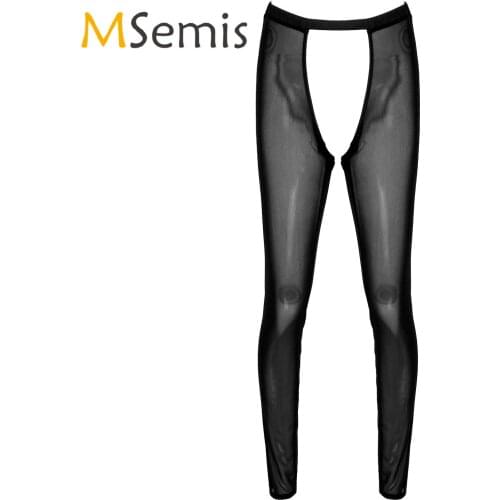 Mens Lingerie See-through Mesh Leggings Underwear Erotic Skinny Pants Hollow Out Crotchless Sheer Sexy Nightwear Sleepwear