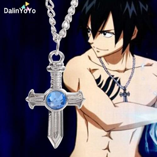Fairy Tail Gray Fullbuster Choker Necklace Fashion Blue Anime Crystal Cross Pendant Necklace For Men Women Gifts Cosplay Jewelry