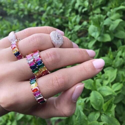 Rainbow Shiny Colorful Cute Rings Bohemia Fashion Rainbow Rhinestone CZ Punk Finger Ring Attractive Women Girls Wedding Jewelry