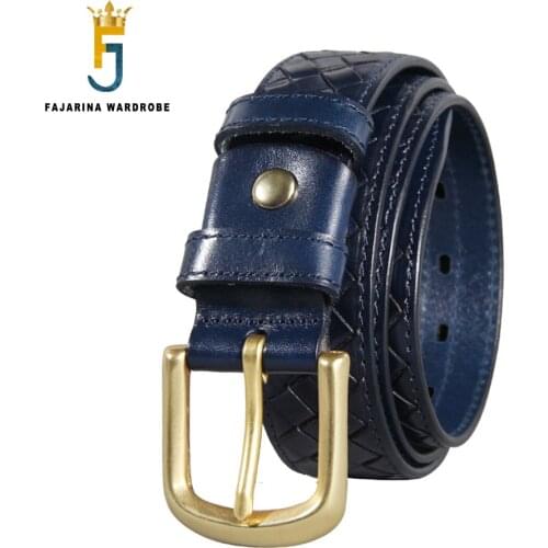 FAJARINA Men‘s Quality 100% Cowhide Knitting Leather Brass Pin Buckle Metal Belt Blue Cow Skin Belts Men 3.8cm Width N17FJ887