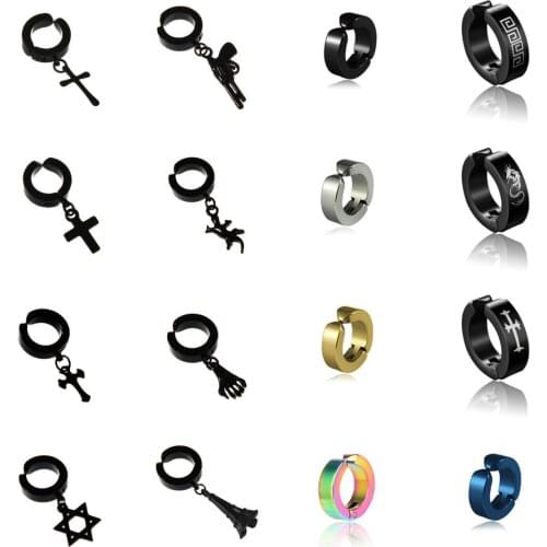 Women Mens Stainless Steel Dropping Earrings Cross Gothic Punk Rock Style Pendientes Mujer Moda No Pierced Ears