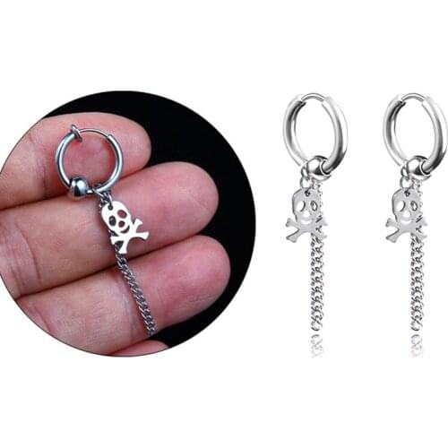 Skull Earrings Mens Stainless Steel Fashion Jewelry Hip Hop Rock Earring Gifts for Metal Accessories Drop Ear Clip Black Earring