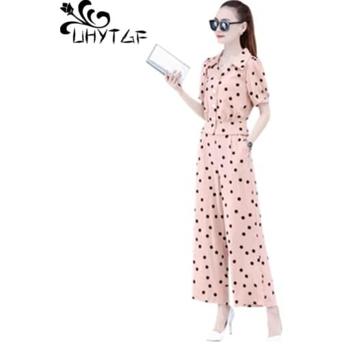 UHYTGF Fashion Womens Suit Short-Sleeved Single-Breasted Tops Two-Piece Sets High Waist Wide Leg Pants Plus Size Tracksuit 1377