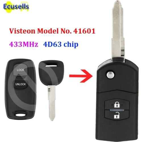 Upgraded Flip Remote Car Key Fob 2 Button 433MHz 4D63 chip for Mazda 323 626 1999-2003 Visteon Model No. 41601