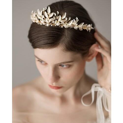Vintage Aristocratic Gold Rhinestones Pearl Crystal Leaves Noble women Bride Crown Wedding Headband Hair Accessories