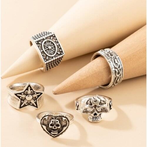 Vintage Punk Skull Star Heart Rings Set Fashion Geometric Knuckle Finger Rings for Women Men Party Jewelry Accessories