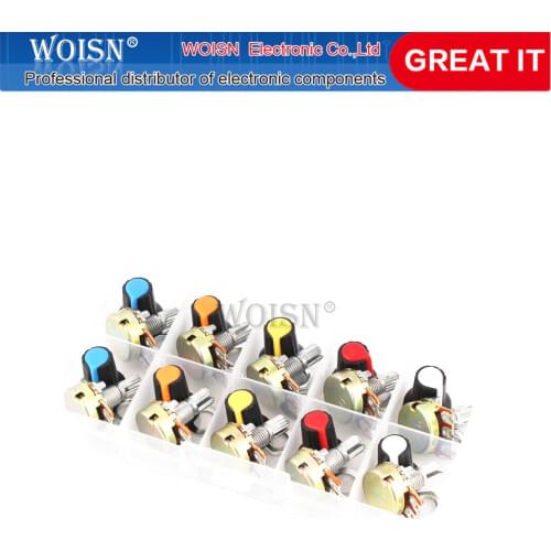 WH148 Potentiometer Kit B1K 2K 5K 10K 20K 50K 100K 500K 1M 15mm Linear Taper Rotary Potentiometer Resistor Set 3pin With Cap