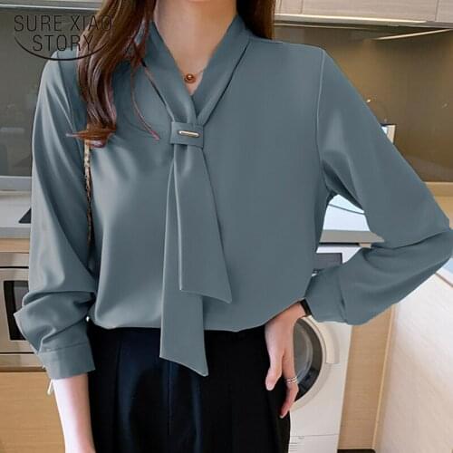 Office Long Sleeve Solid Women Shirts with Tie 2021 New Fashion Chiffon Women Blouse and Tops V Neck Loose Female Clothing 13022