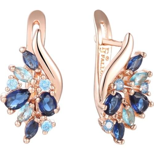 FJ 2 Style Women Ladies 585 Rose Gold Color Royal Mixed Light Blue Stone Drop Earrings