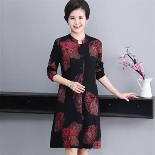 Womens Trench Coat 2020 Spring Autumn Plus Size 5XL Coat Cardigan Long Sleeve Printing Long Outerwear Middle-aged Mom Coats